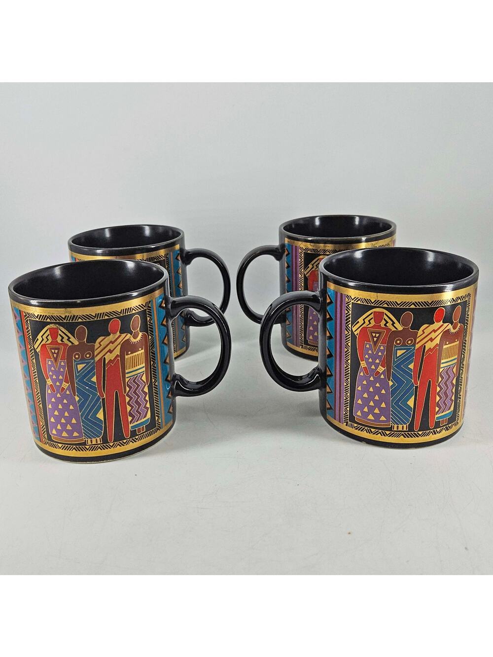 Vintage Laurel Burch Tribal Spirit Black Coffee Mug Cup set of 4 1988